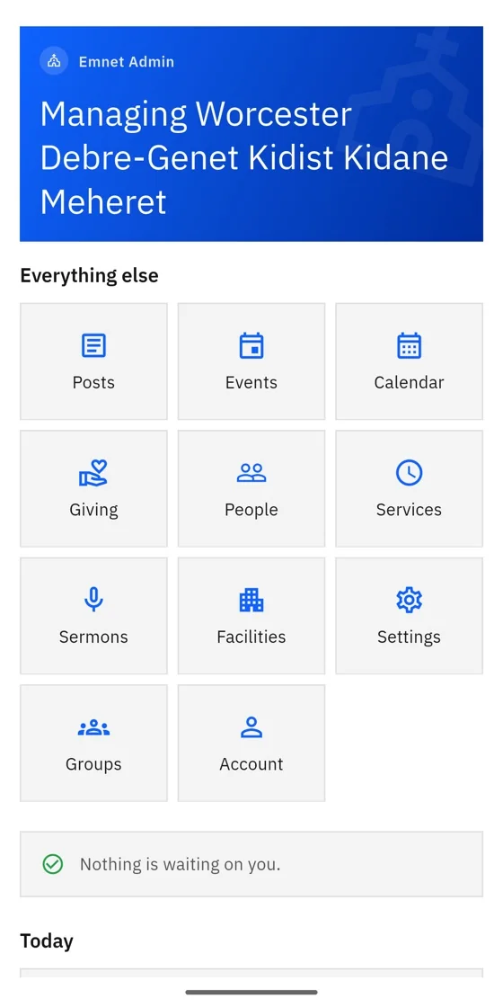 The Emnet admin home for a parish: posts, events, calendar, giving, people and more