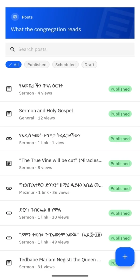 The parish’s posts, with sermons and mezmur links and their view counts