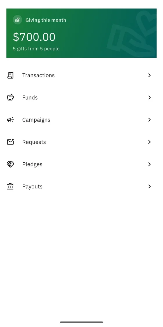 Giving this month: $700 from five people, with transactions, funds, campaigns and payouts