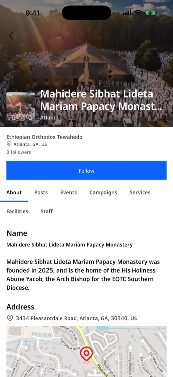 A parish page in Emnet with its address, map, and tabs for posts, events, campaigns and services