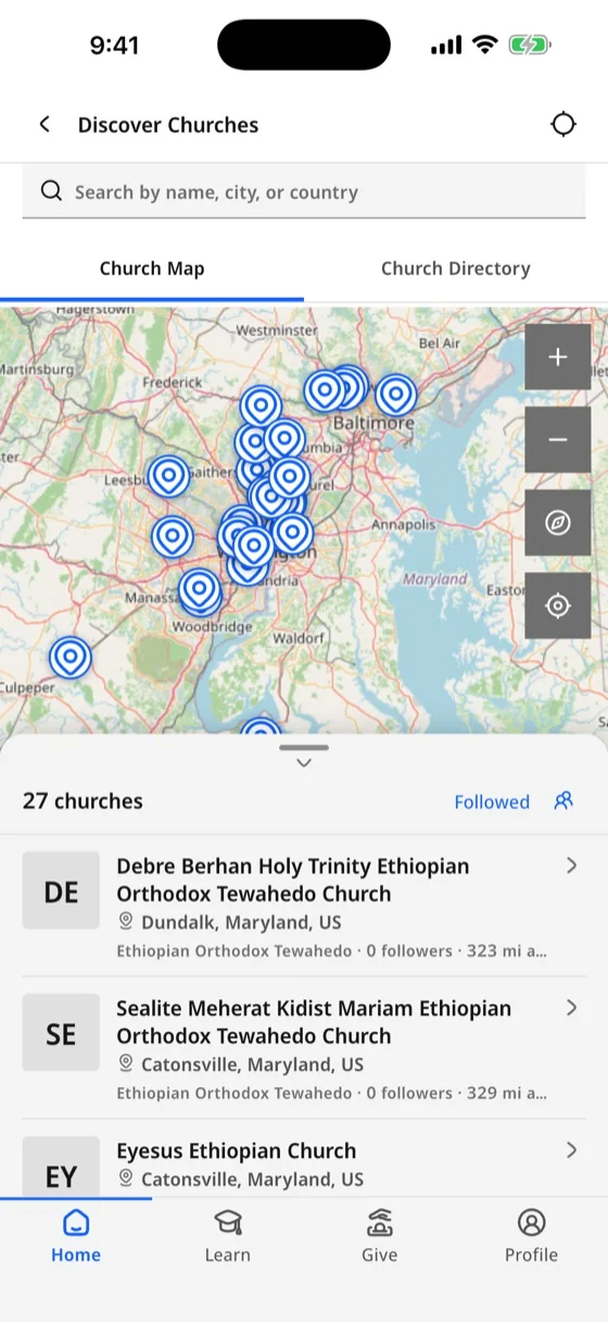 Discover Churches: a map of Ethiopian Orthodox parishes around Baltimore and Washington, with a list below